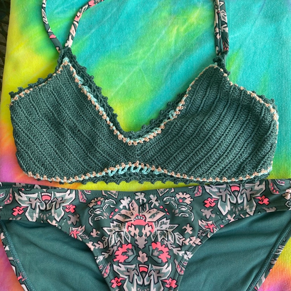 Green and pink crochet swimsuit